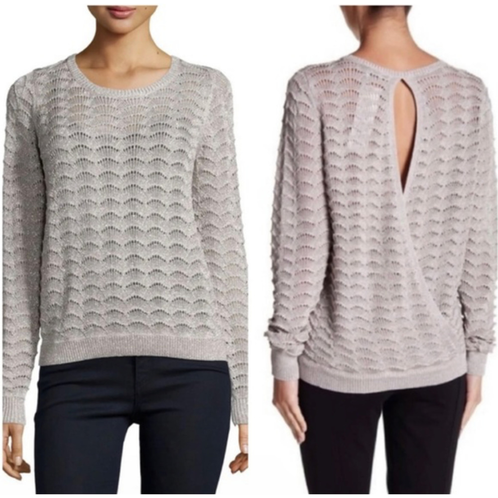 Parker Metallic Fan Pointelle Knit Sweater Scoopneck Keyhole Back Champagne L